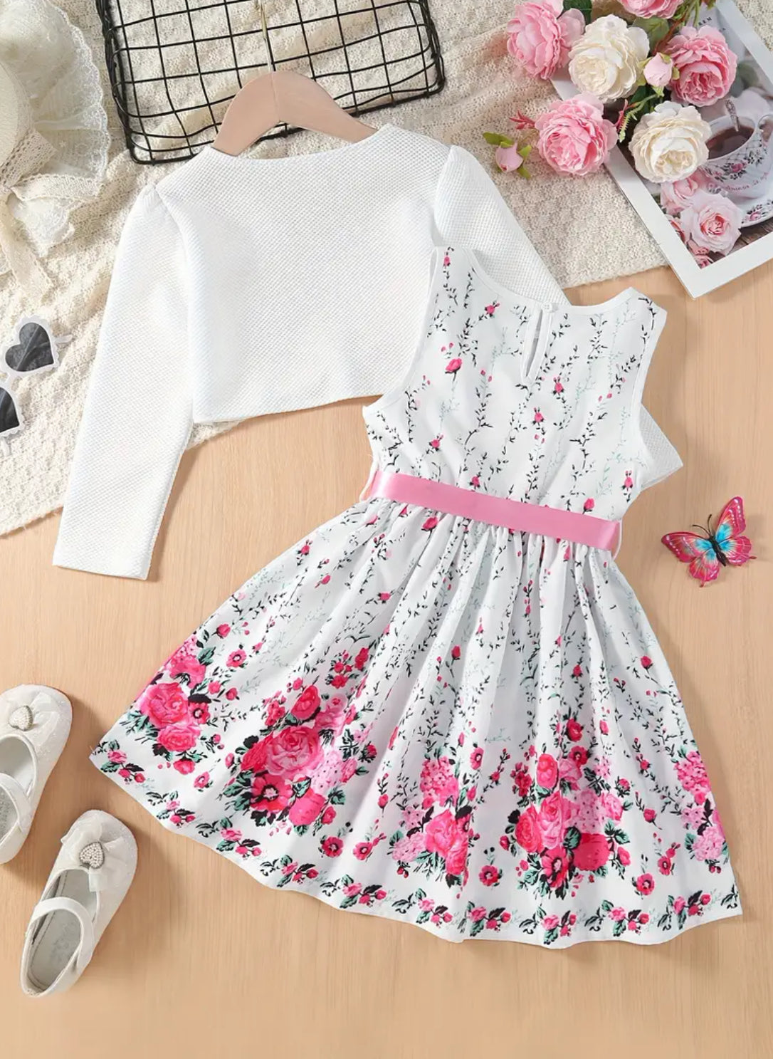 2pcs Sweet Butterfly Cardigan Floral Dress