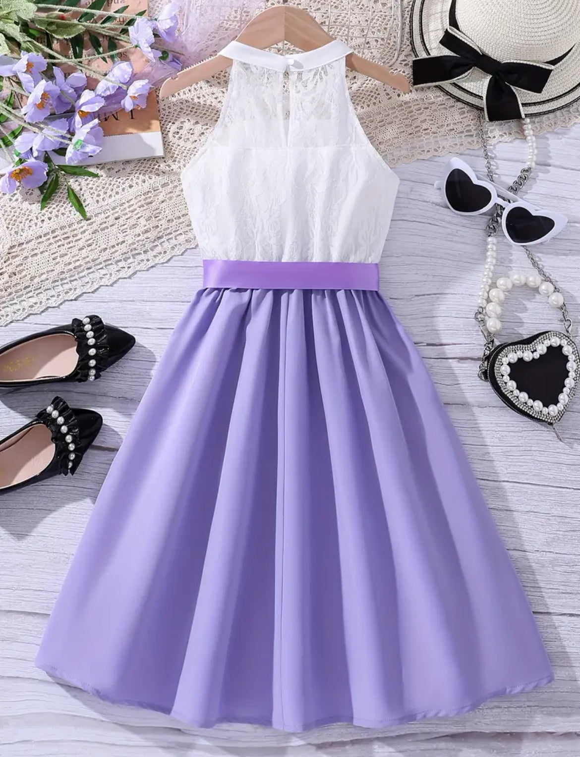 Elegant Girls Halter Neck Sleeveless Dress With Bow Belt