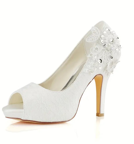 “Lace & Diamonds” Bridal Rhinestone Floral, Platform High Heels