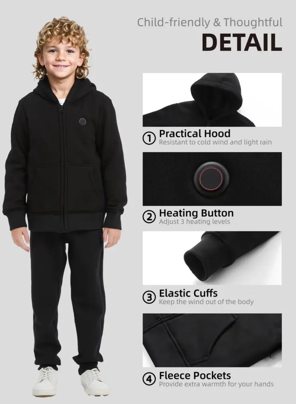 Kids Heated Hoodie Jacket, Full-Zip With 5V Battery Pack