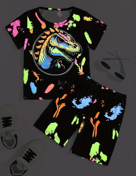 2pcs Toddler Glow In The Dark Dinosaur Casual Capri Shorts & Top