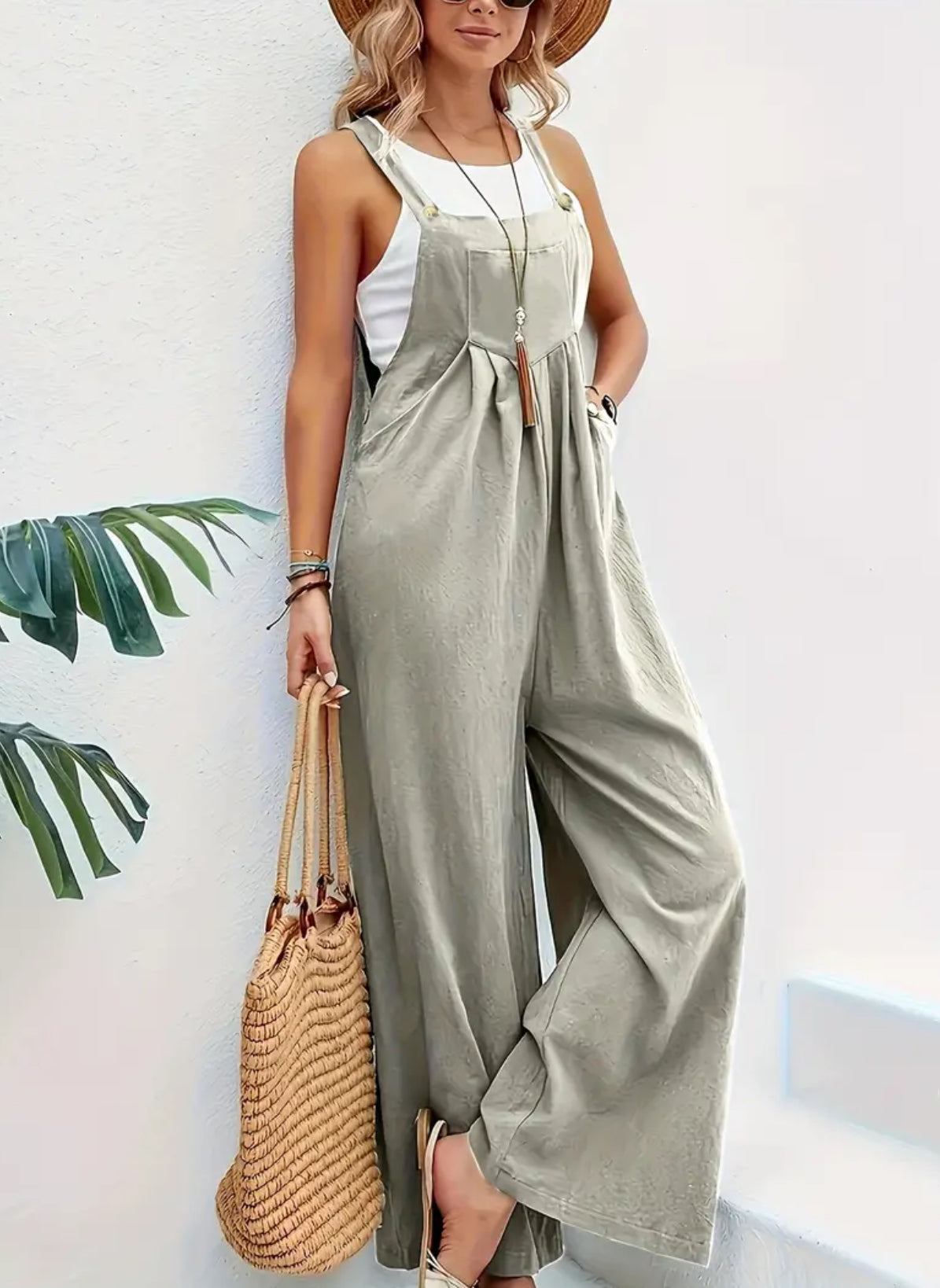 Casual Button Overall Jumpsuit, Wide Leg, Women’s