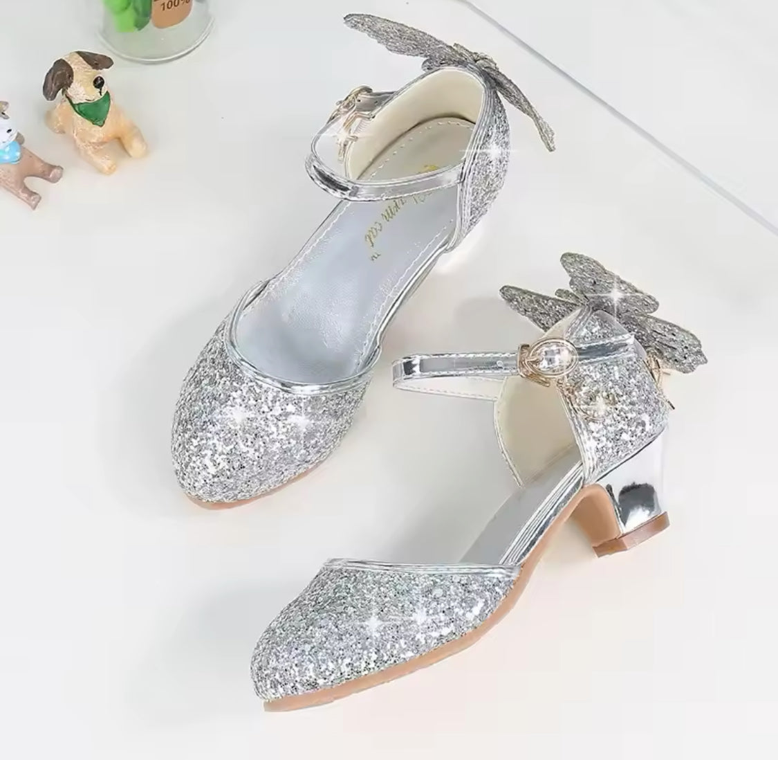 “Princess Glitter Crystal” Tassel Butterfly Knot Dress Party Children High Heel