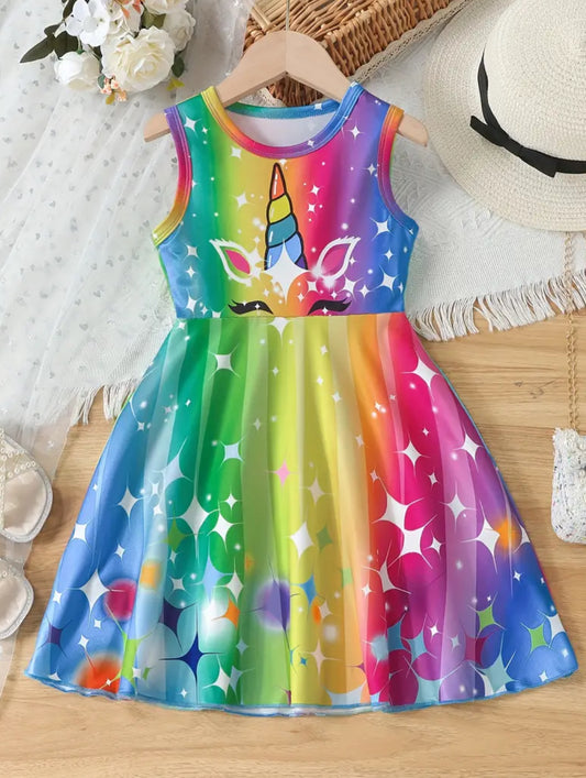 Vestido de verano con estampado de unicornio colorido para niñas