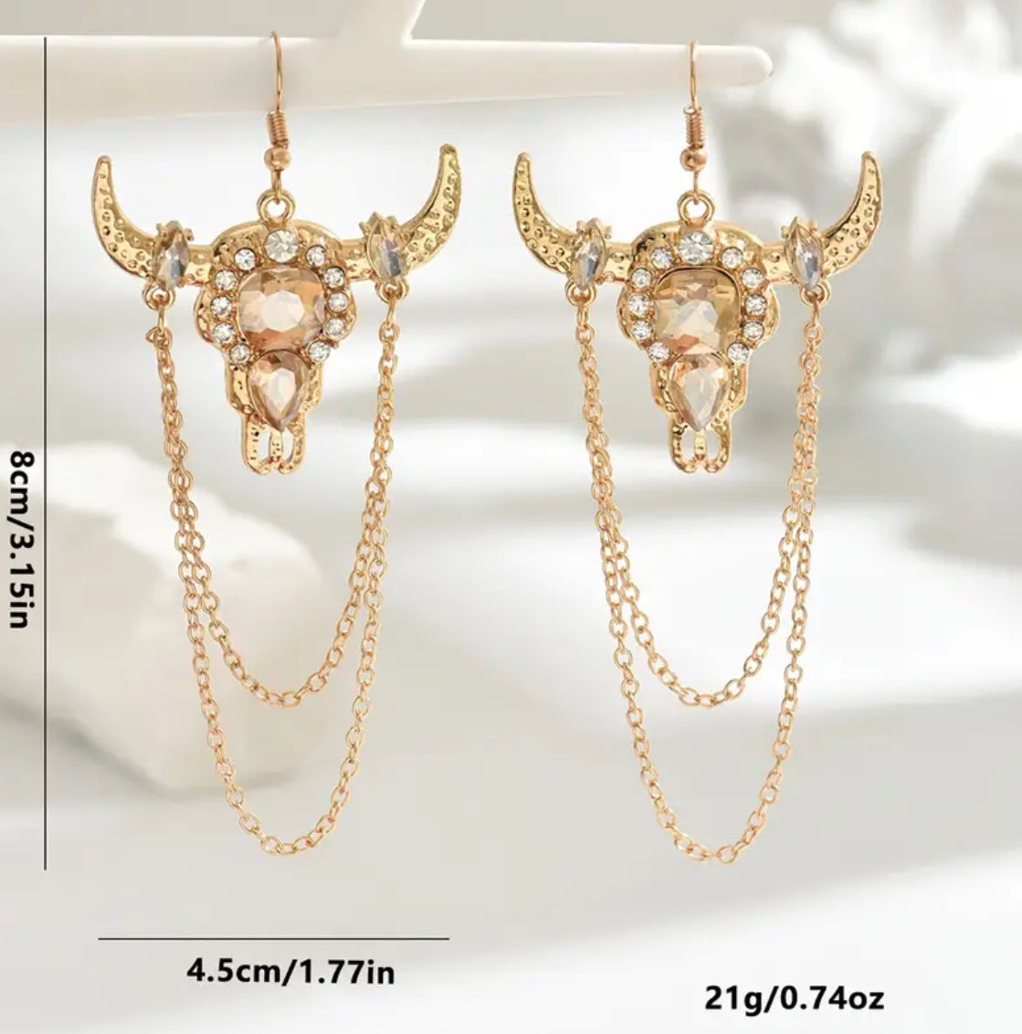 “Vintage Bull Head” Pendant, Long Chain Earrings with Rhinestone Detailing, Zinc Alloy