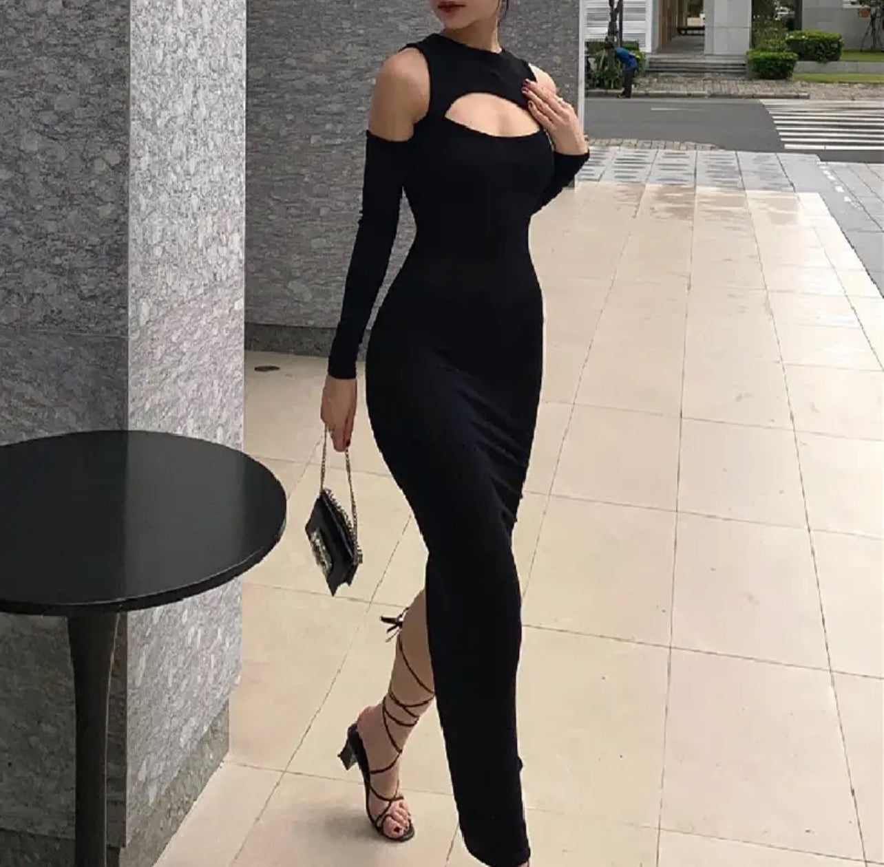 Elegant Hollowed Off Shoulder, Maxi Dress Black Sexy Long Sleeve Split Dresses