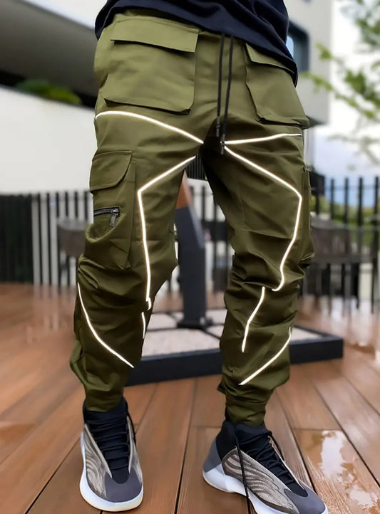 Men's Cargo Pants - Loose Straight Sports Joggers with Multi Pockets & Reflective Details