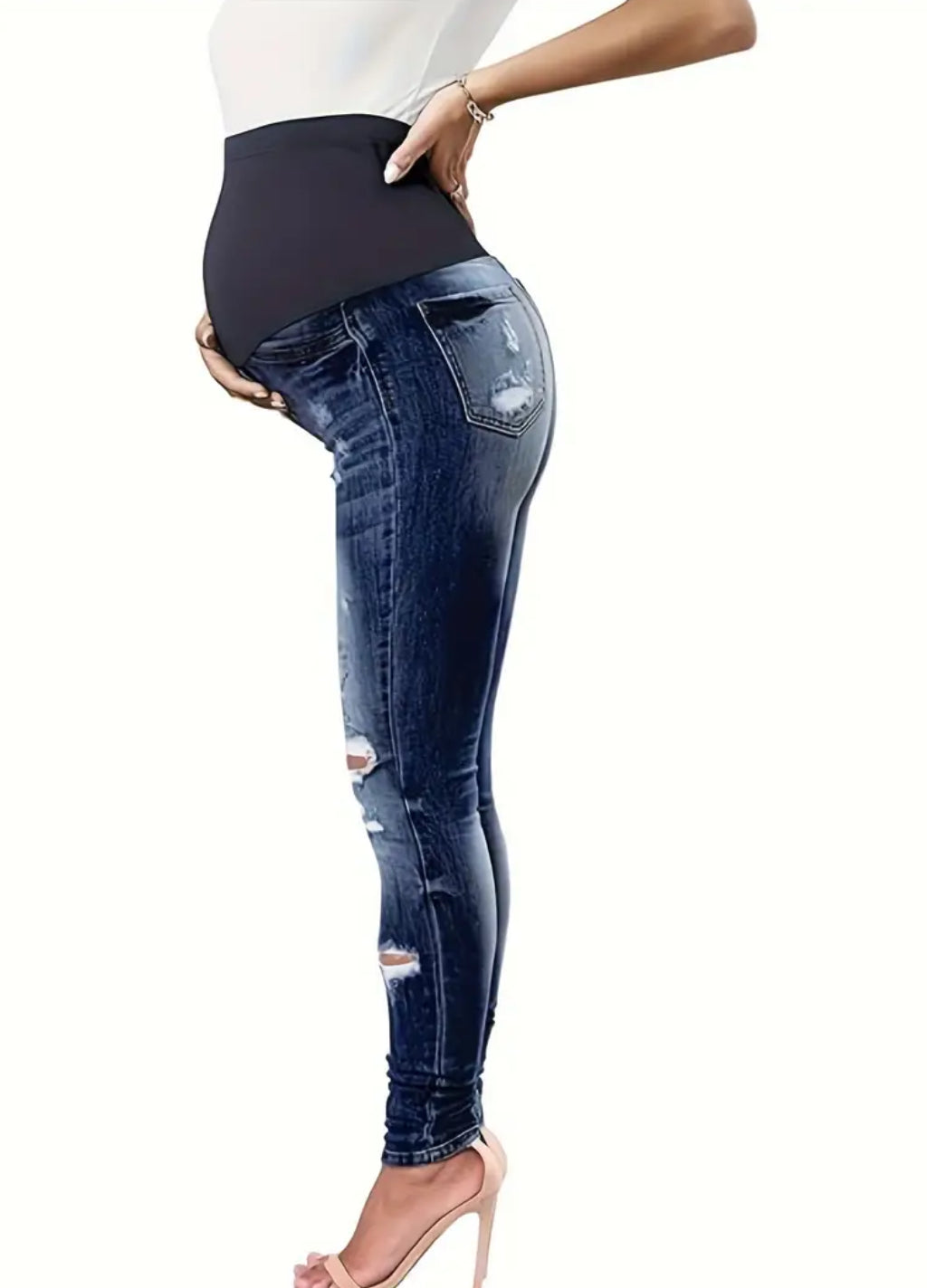 Maternity Jeans, Casual Style, Slight Stretch, Washed Solid Color, Comfortable Elastic Waistband