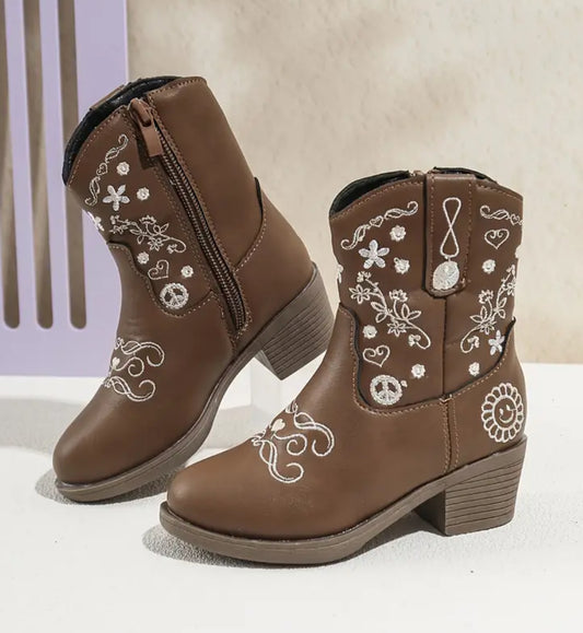 Vintage Elegant Flower High-heeled Boots for Girls