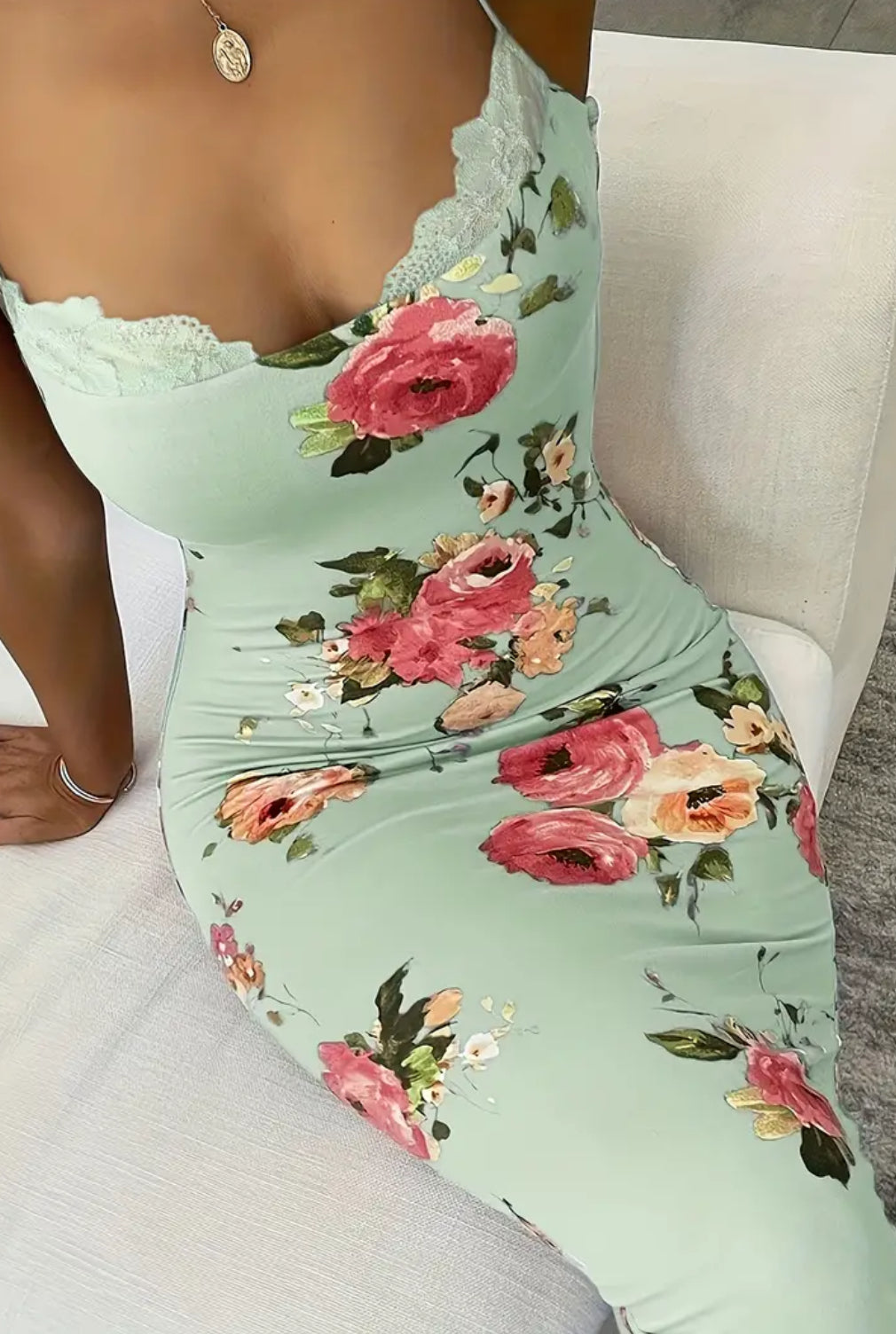 Floral Spaghetti Strap, Elegant Split Back, Bodycon Cami Dress