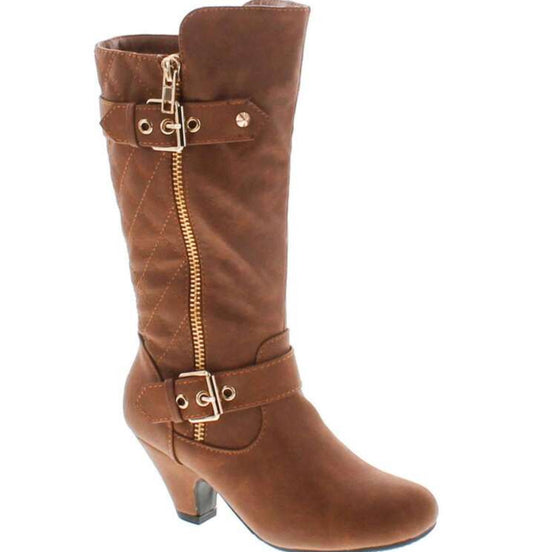 Youth High Heel, Mid Calf Slouch Boots with Decorative Buckle