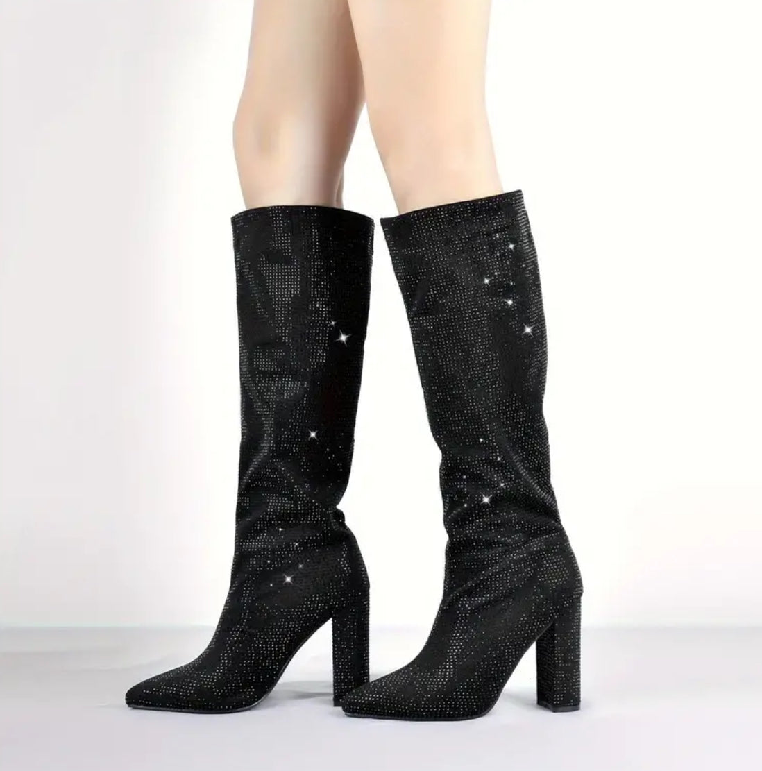 Sparkling Rhinestone Knee-High Boots - Black Pointed-Toe Block Heel