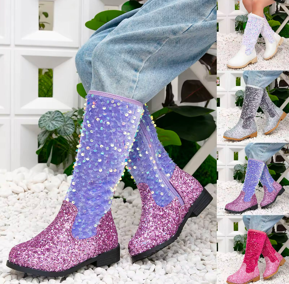 Sparkling Sequin Princess Boots - Cute, Fleece Lined, High Boots With Zip Closure