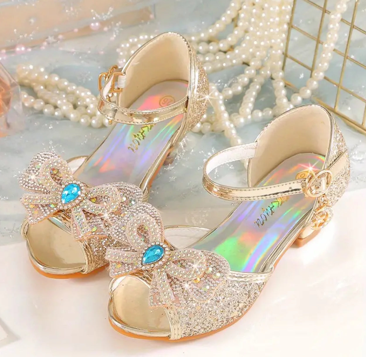 Zapatos de tacón alto con lentejuelas y diamantes de imitación para niñas 