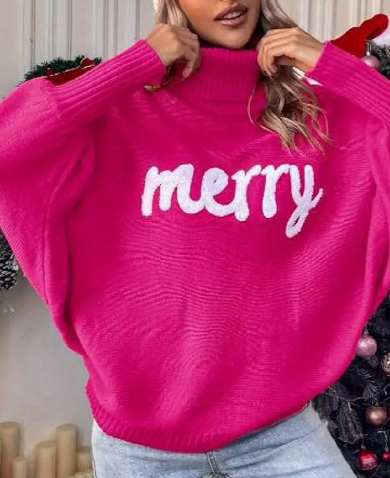 “Merry” Long Sleeve Turtleneck Merry Letter Embroidery Chunky Knit Sweatshirt Casual Loose Pullover