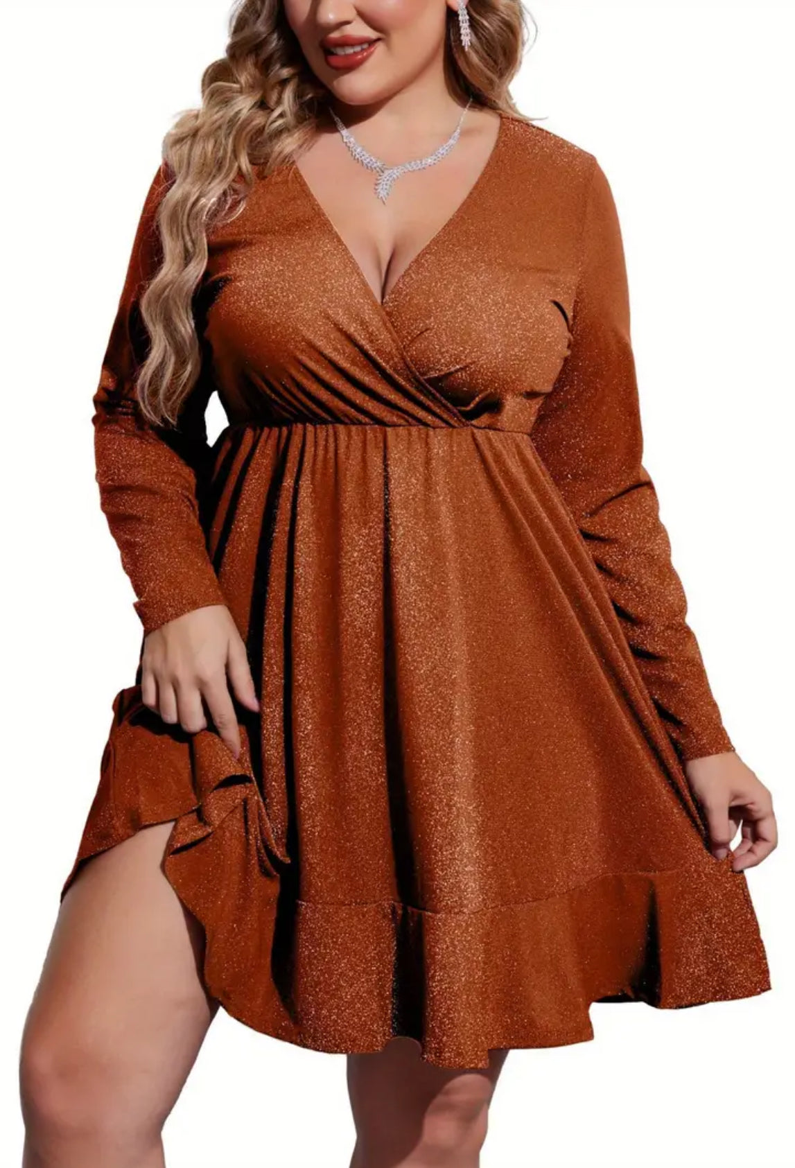 ELESOL  Plus Size Womens Glitter Dress V Neck Long Sleeve Ruffle Hem Swing Club Cocktail Party Dresses