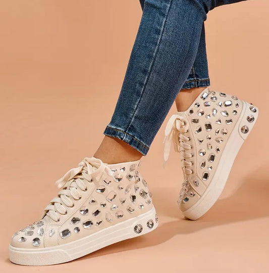 Rhinestone Decor Preppy Skate Shoes, Fashion Lace Up High Top Flat Sneakers