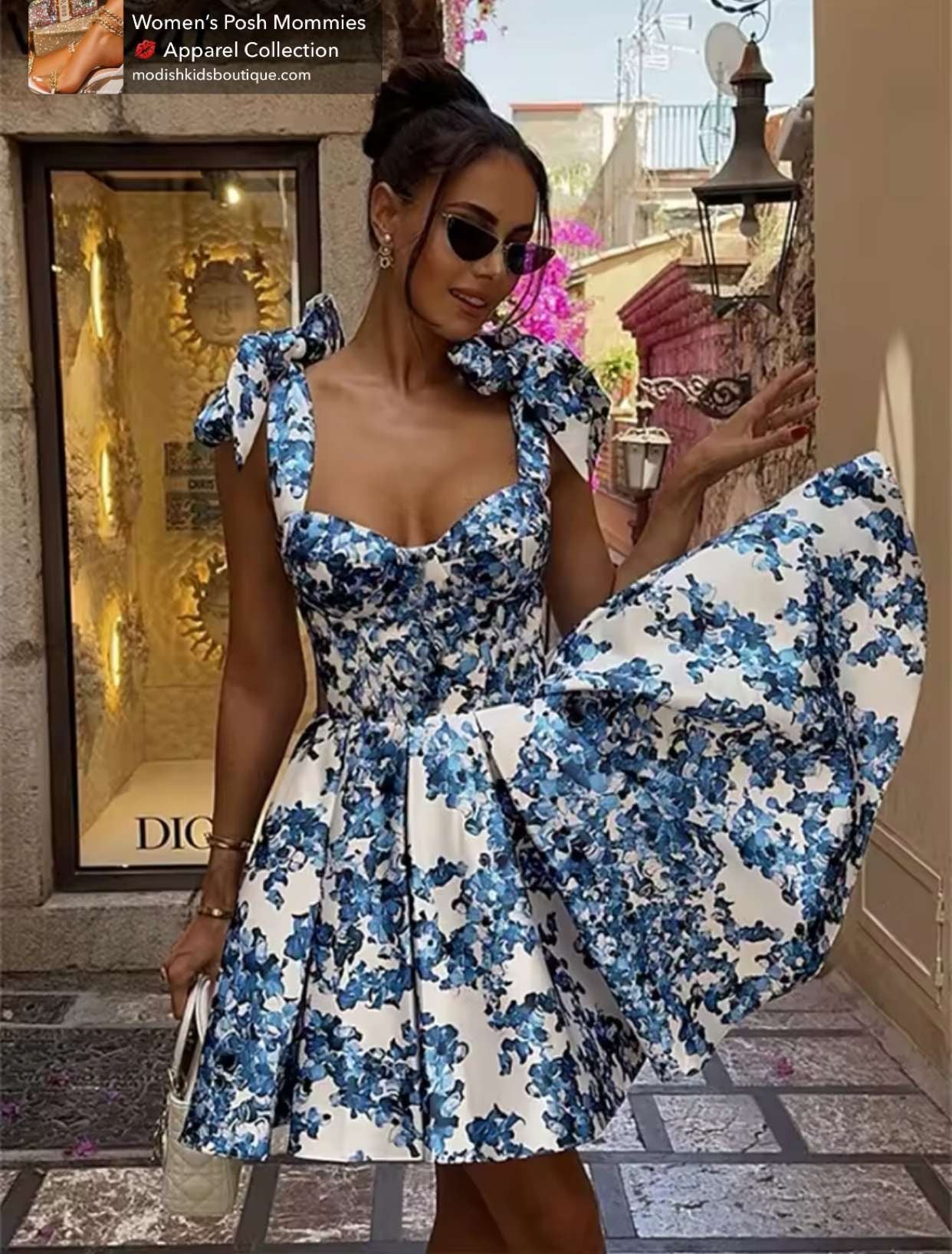 "Blue Floral" Elegant Off Shoulder, Mini A-Line Lace Up