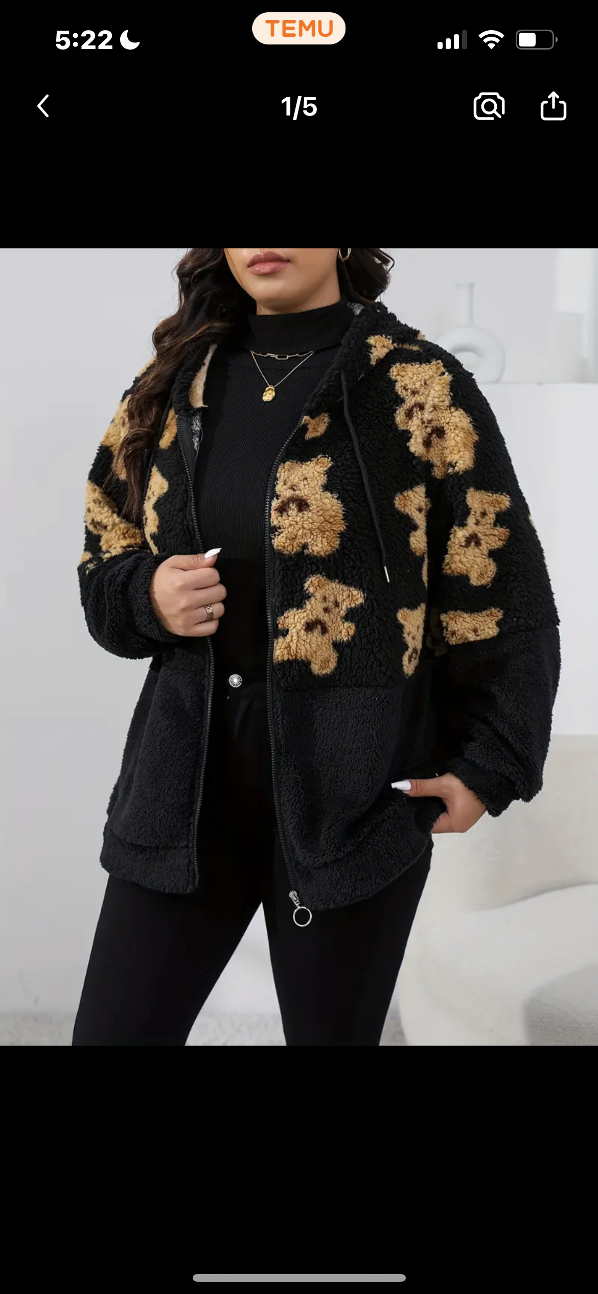 Plus Size Casual, Posh 💋 Mommies Collection, Women's Plus Bear Print Teddy Fleece Zipper Hooded Drawstring Long Sleeve Loose Fit Coat