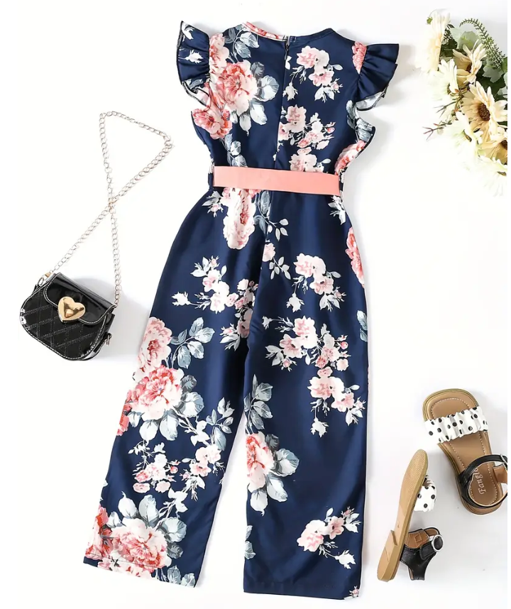 Girl's Ruffle Butterfly Sleeve Floral Print Jumpsuit