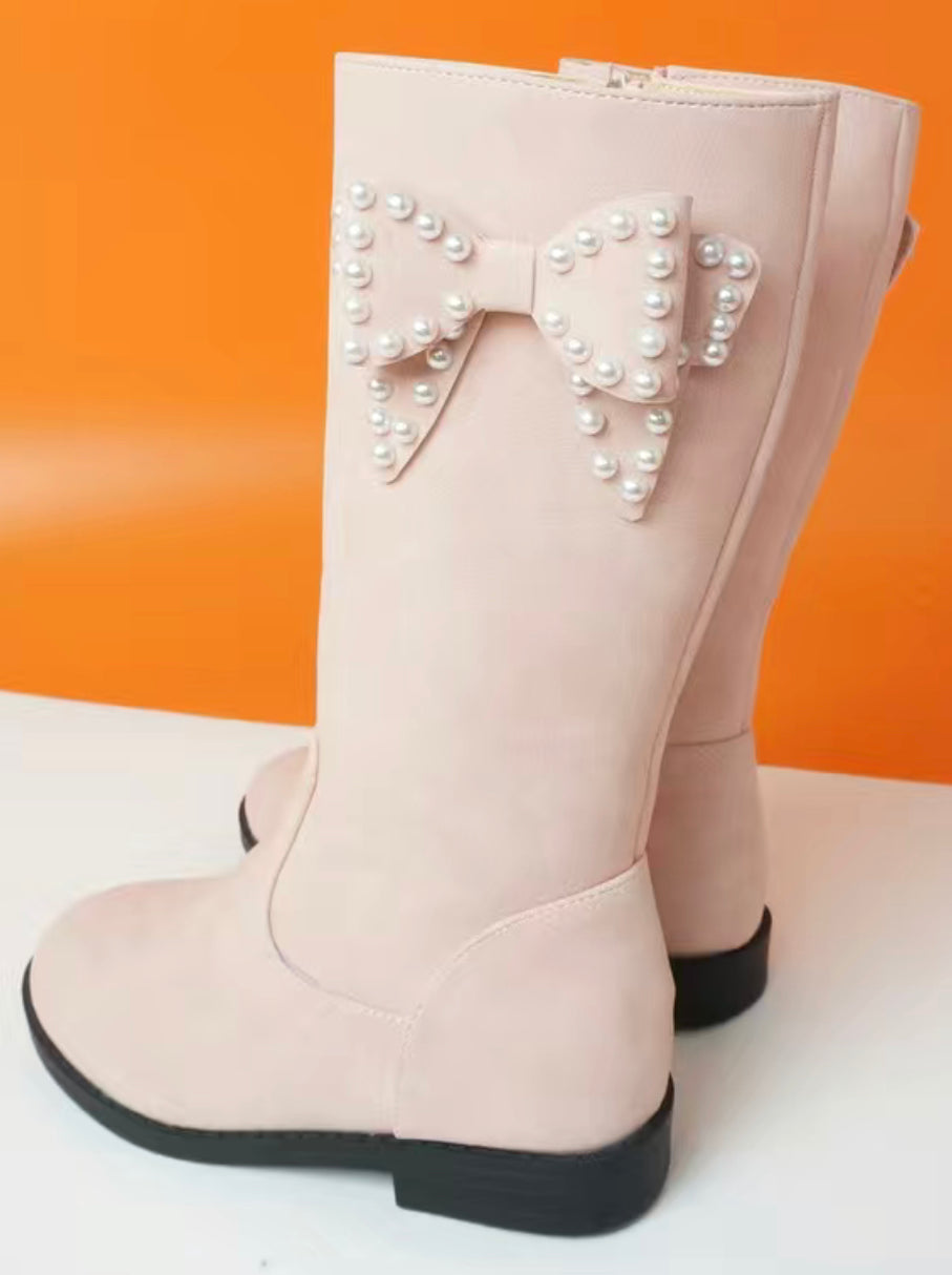 Pink Suede Pearlescent Bow Boots