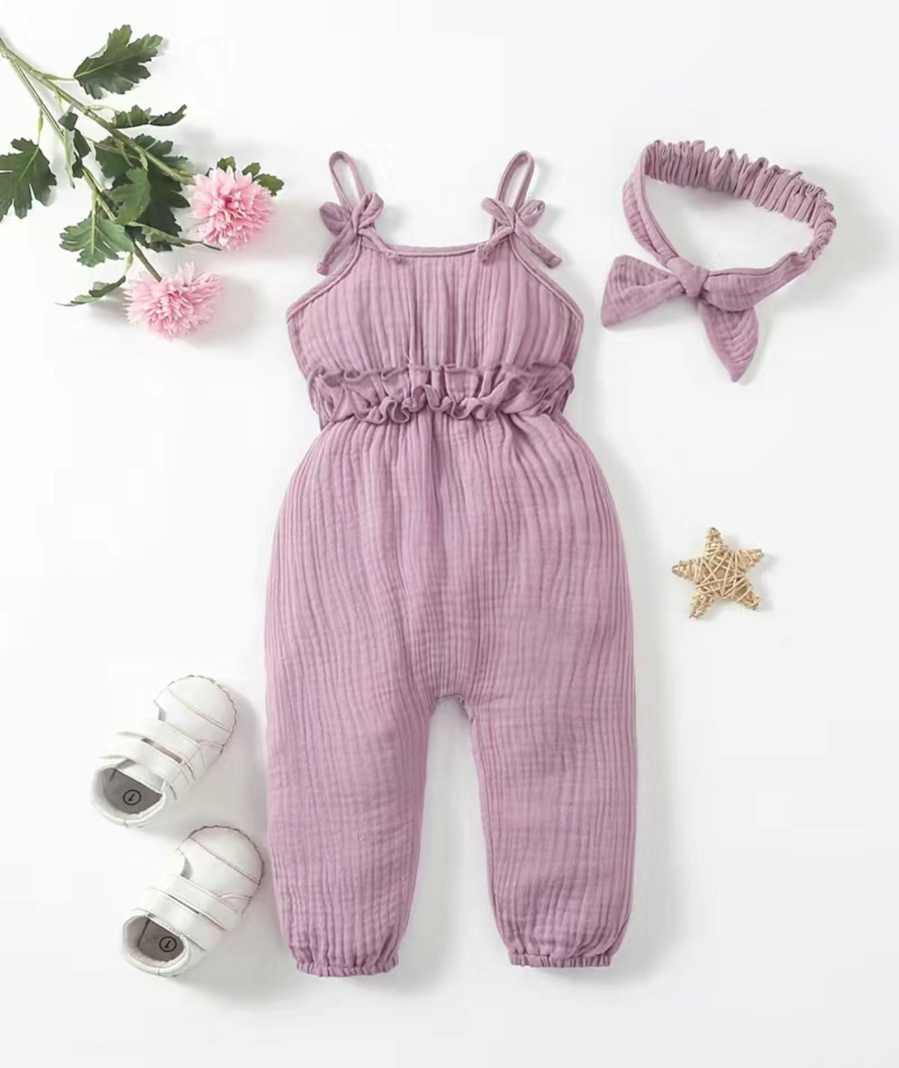 Lavender Baby Girls Jumpsuits & Headband Set